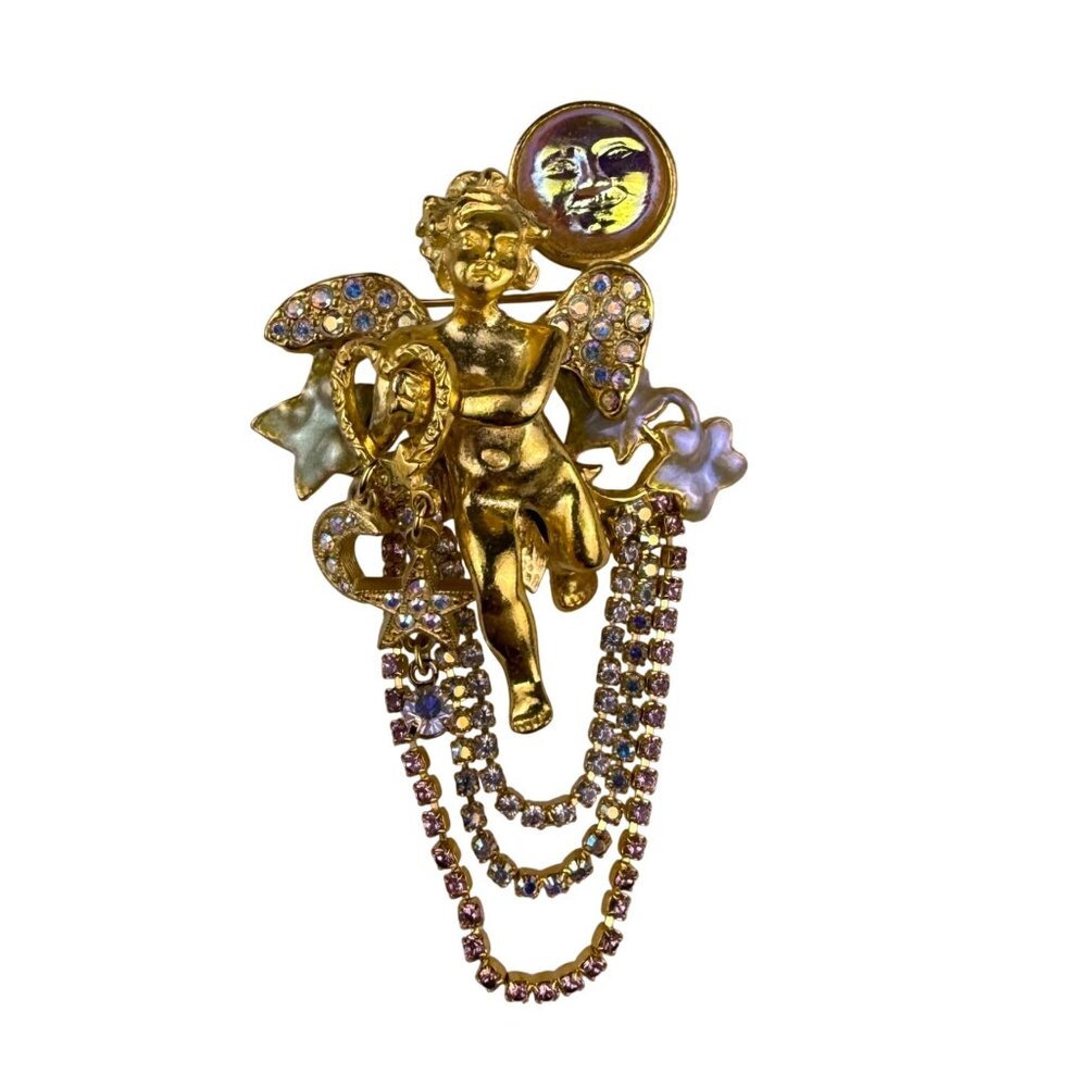 Kirks Folly Womens Gold Tone Aurora Borealis Crystal Cherub Brooch Vintage